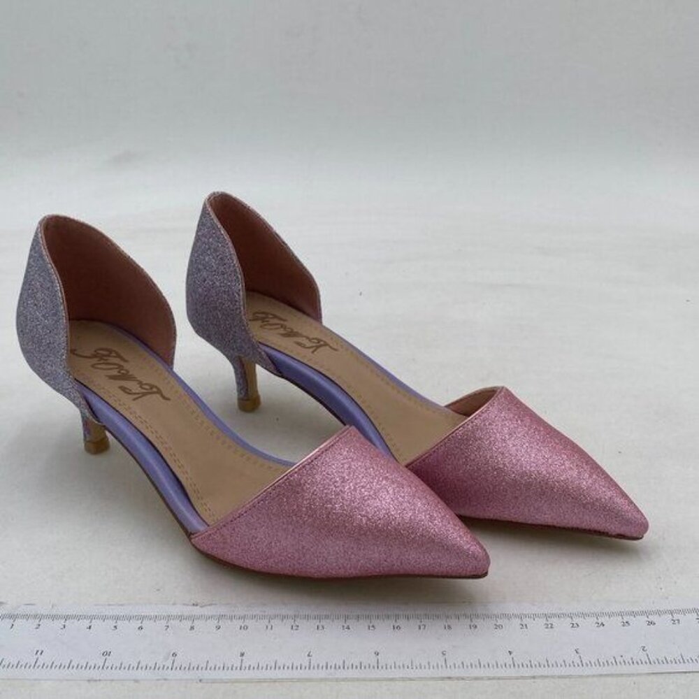 FOWT Blue Pink Closed Pointed Toe Kitten Heel Slip On Two Toned D'Orsay Shoes - Picture 4 of 8